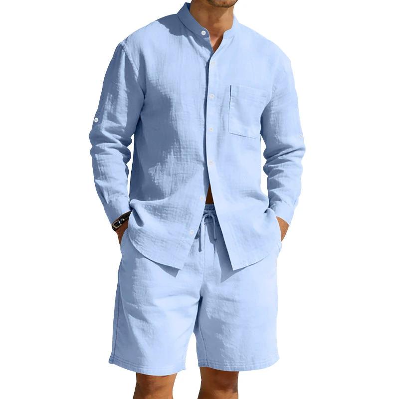 Men's Casual Linen Shirt And Shorts Set by GJG Denim