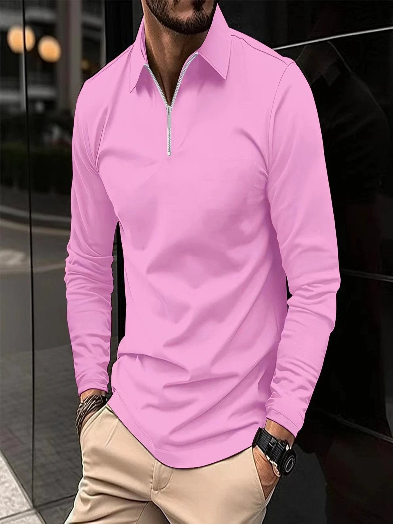 Zipper Men's Solid Color Long Sleeve Sports Polo Shirt by GJG Denim