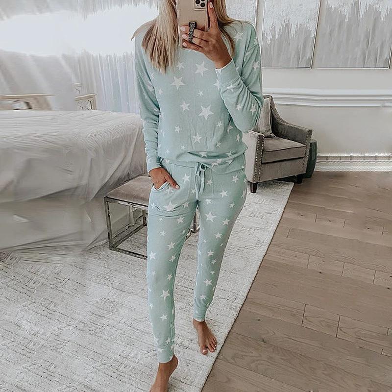 Printed Long-Sleeved Casual Home Service Suit Pajamas Women by GJG Denim