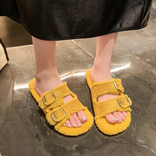 Flat Soled Lambswool Birkie Slippers For Women by GJG Denim