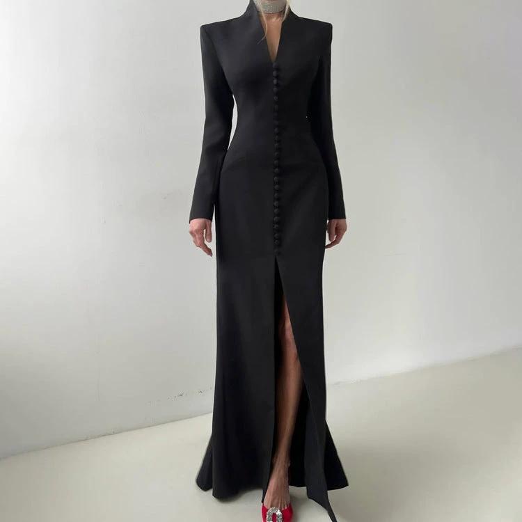 V-neck Long Sleeve High Waist Slit French Dress by GJG Denim