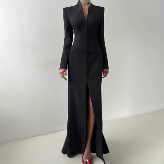 V-neck Long Sleeve High Waist Slit French Dress by GJG Denim