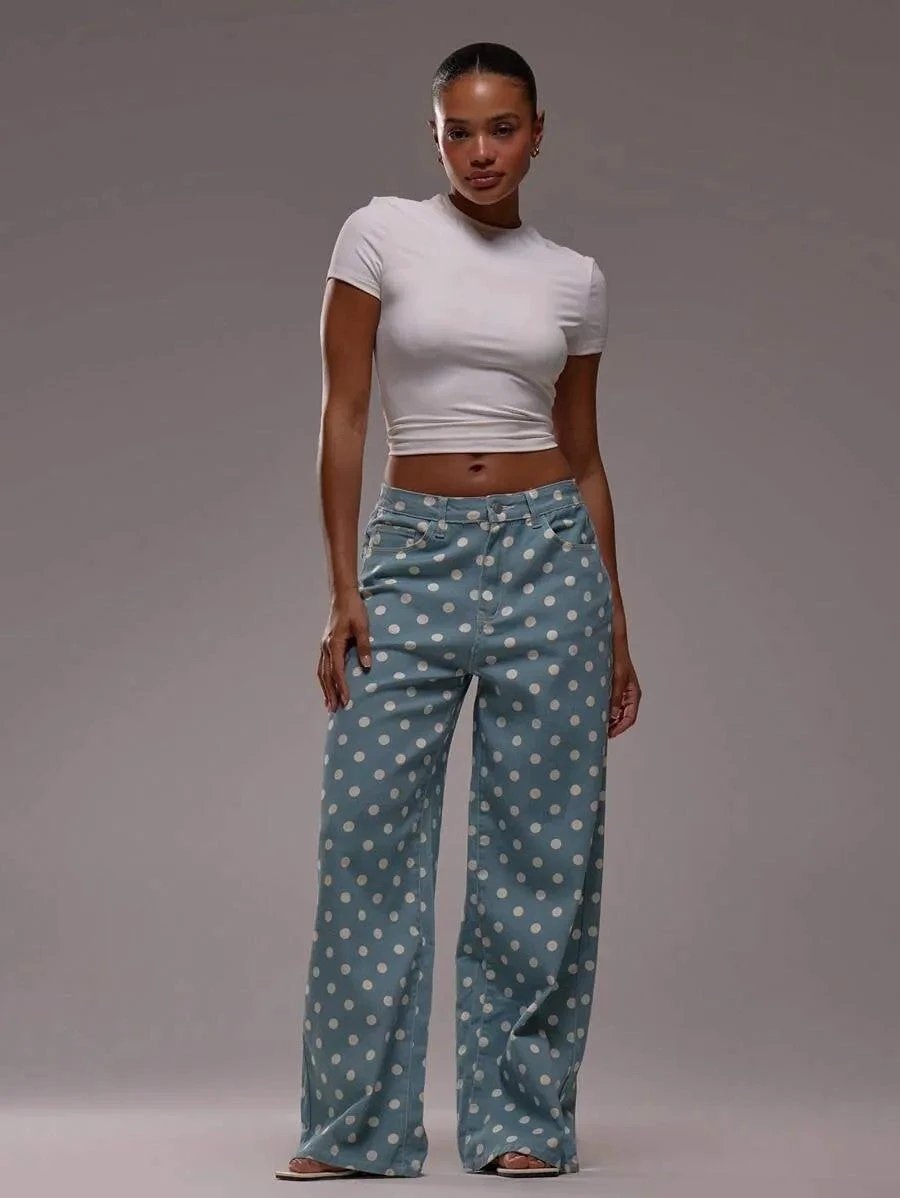 Casual Polka Dot Mid-rise Non-stretch Jeans by GJG Denim