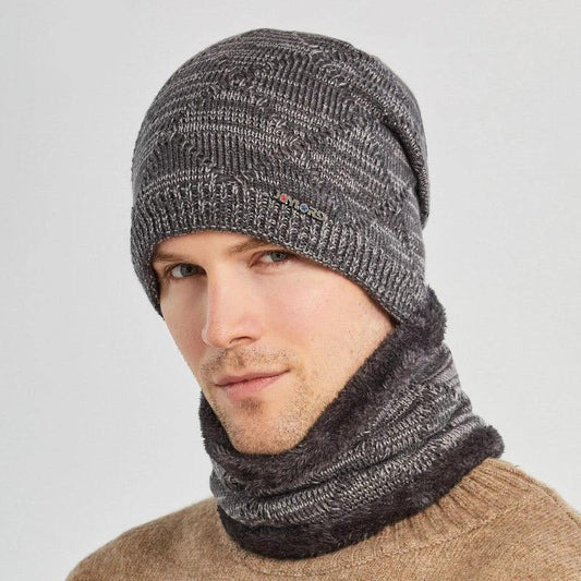 Men's Two-piece Woolen Hat With Head And Ear Protection and Neck Warmer by GJG Denim