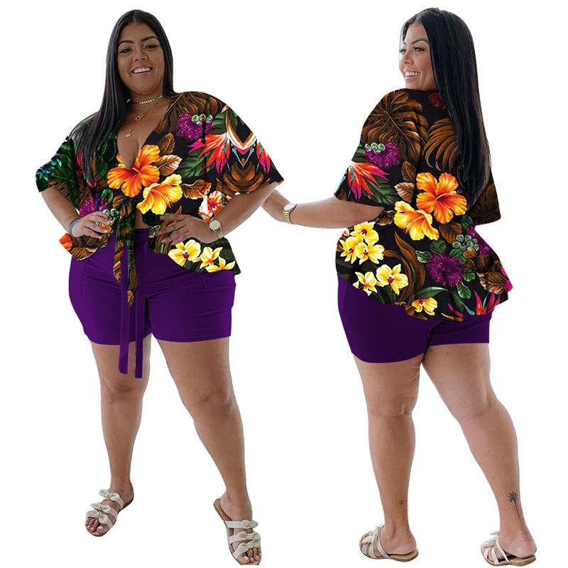 Women's Plus-Size Casual T-Shirt And Shorts Set With Print by GJG Denim