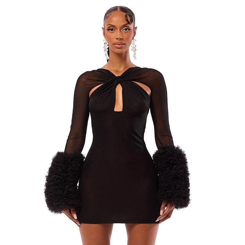 Mesh Cross Hollow-out Long Sleeve Plush Sleeve Slim-fit Sheath Dress by GJG Denim