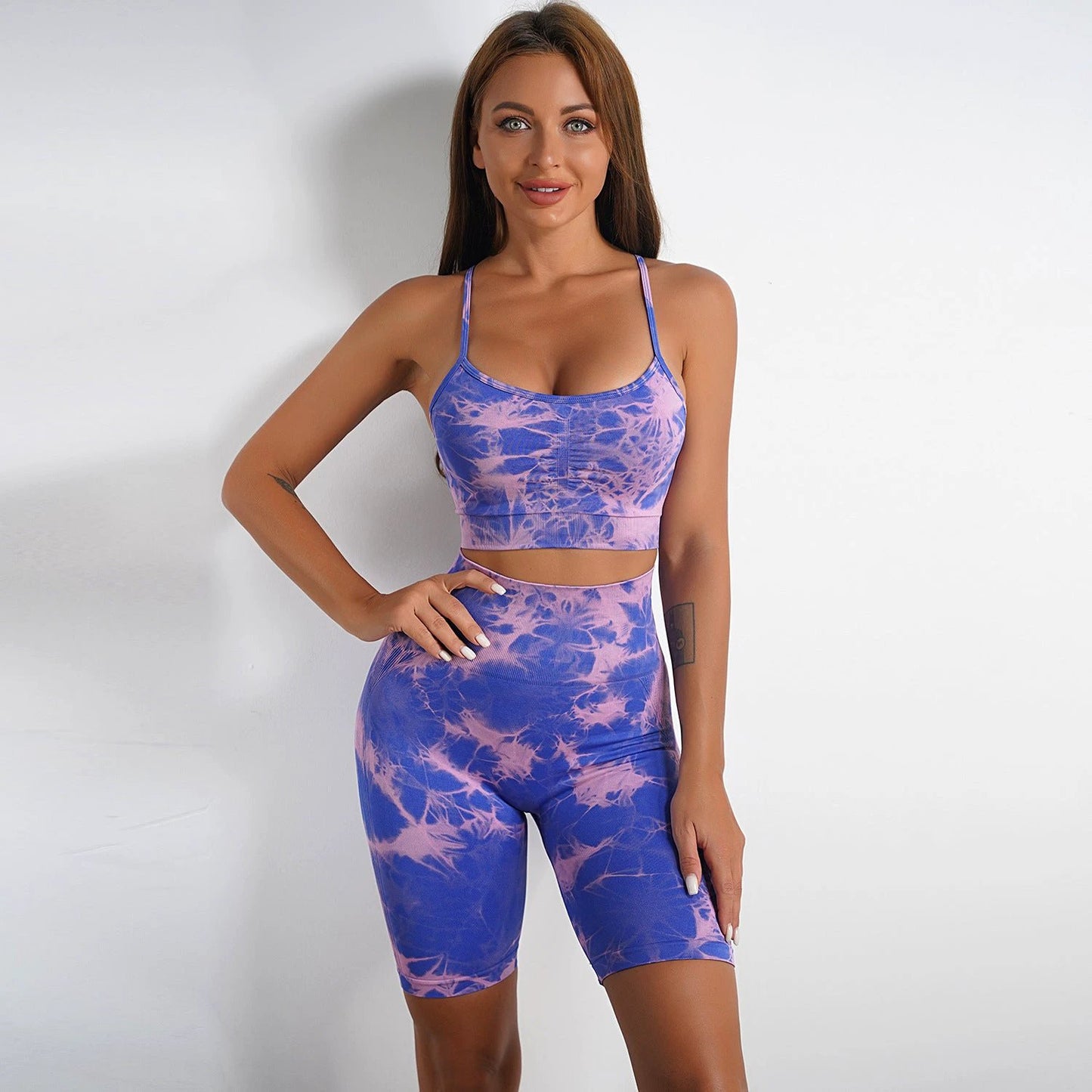 Women's Tie-dye Print Yoga Suit Women Fitness Sports High Waist Trousers Or Shorts Set by GJG Denim
