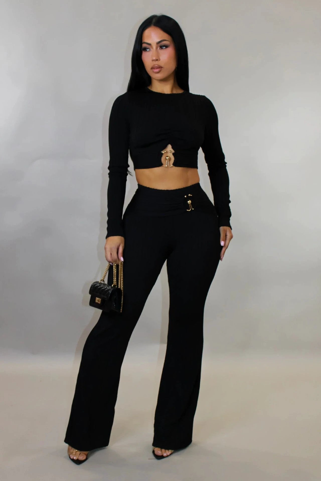 Women's Slim-fit Sexy Hollow-out Top And Flared Pants Two-piece Set by GJG Denim