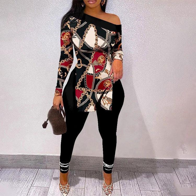 Autumn And Winter New Letter Floral Print Slit Hem Long Sleeve Top Suit Women by GJG Denim