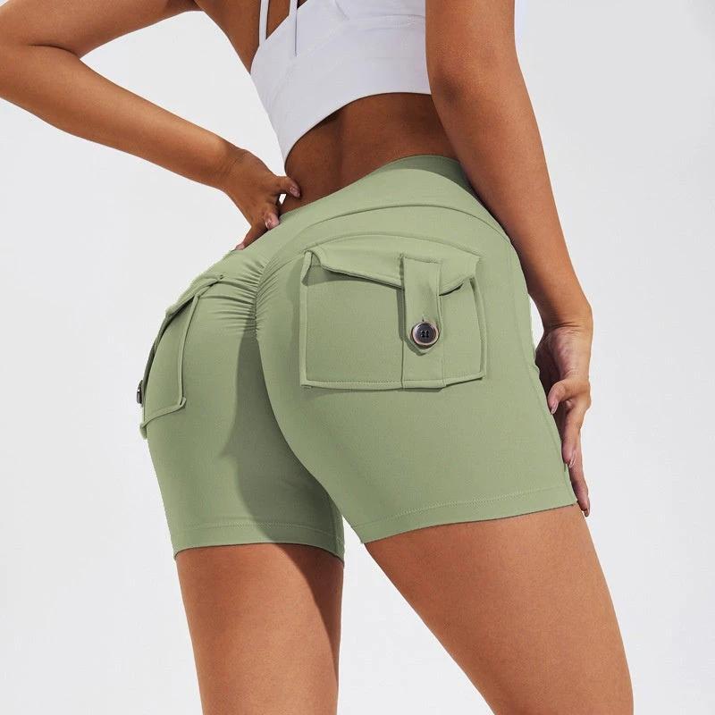 High Waist Hip Lifting Shorts With Pockets Quick Dry Yoga Fitness Sports Pants Summer Women Clothes by GJG Denim