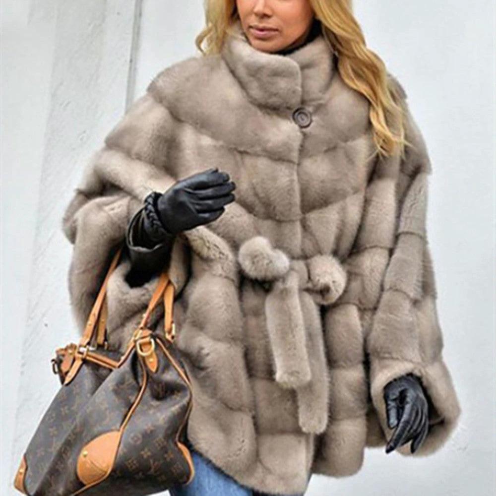 Solid Faux Fur Jacket Stand Collar Loose Belt by GJG Denim
