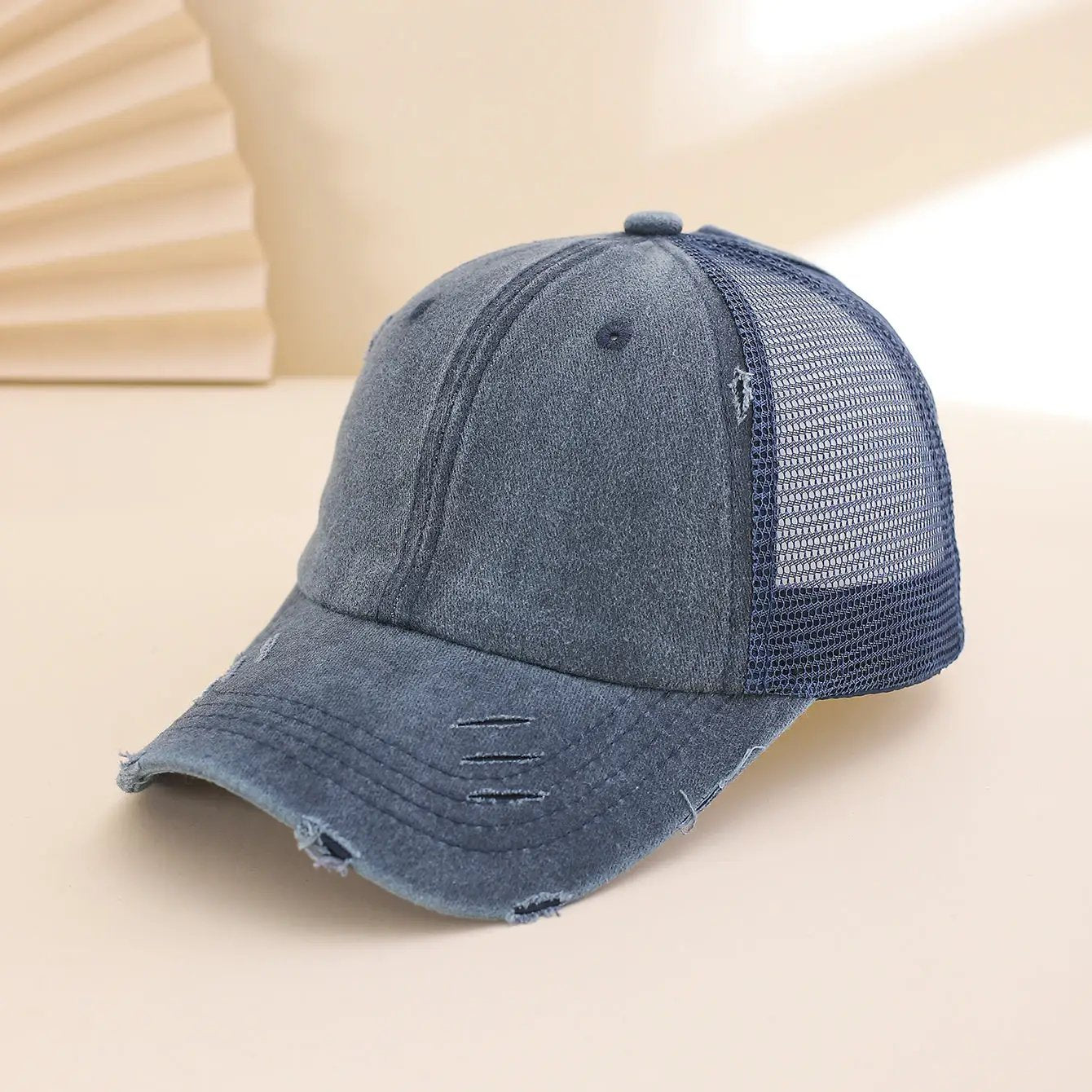 Solid-color, Frayed, Washed-out, Distressed, Mesh-patterned Cap - A Trendy, Youthful, Versatile Baseball Cap That Suits Both Daily Commuting And Outdoor Activities. by GJG Denim