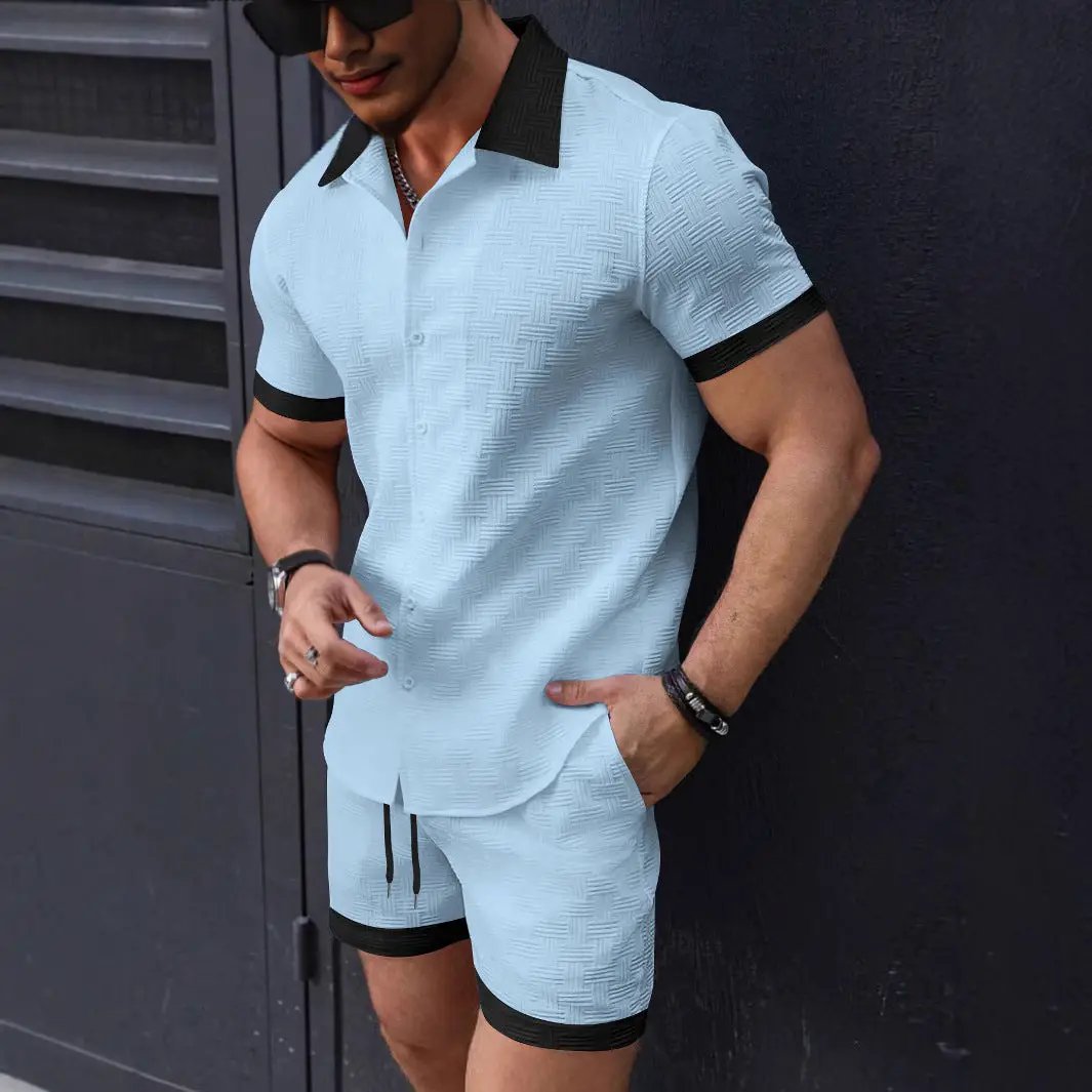 Mens Casual Color-Block Short-Sleeve Shirt And Shorts Beach Set by GJG Denim