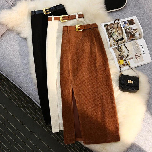 Women's Vintage Style High-Waisted Solid Color Maxi Dress With Belt Side Slit Casual Winter Dress by GJG Denim