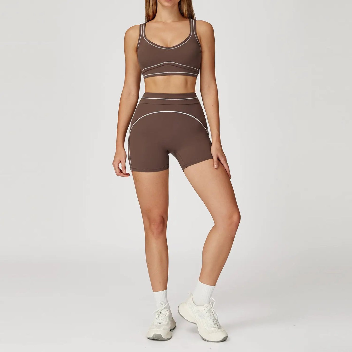 Contrast Color Brushed Yoga Suit Double-shoulder Strap High-grade Sports Workout Clothes by GJG Denim