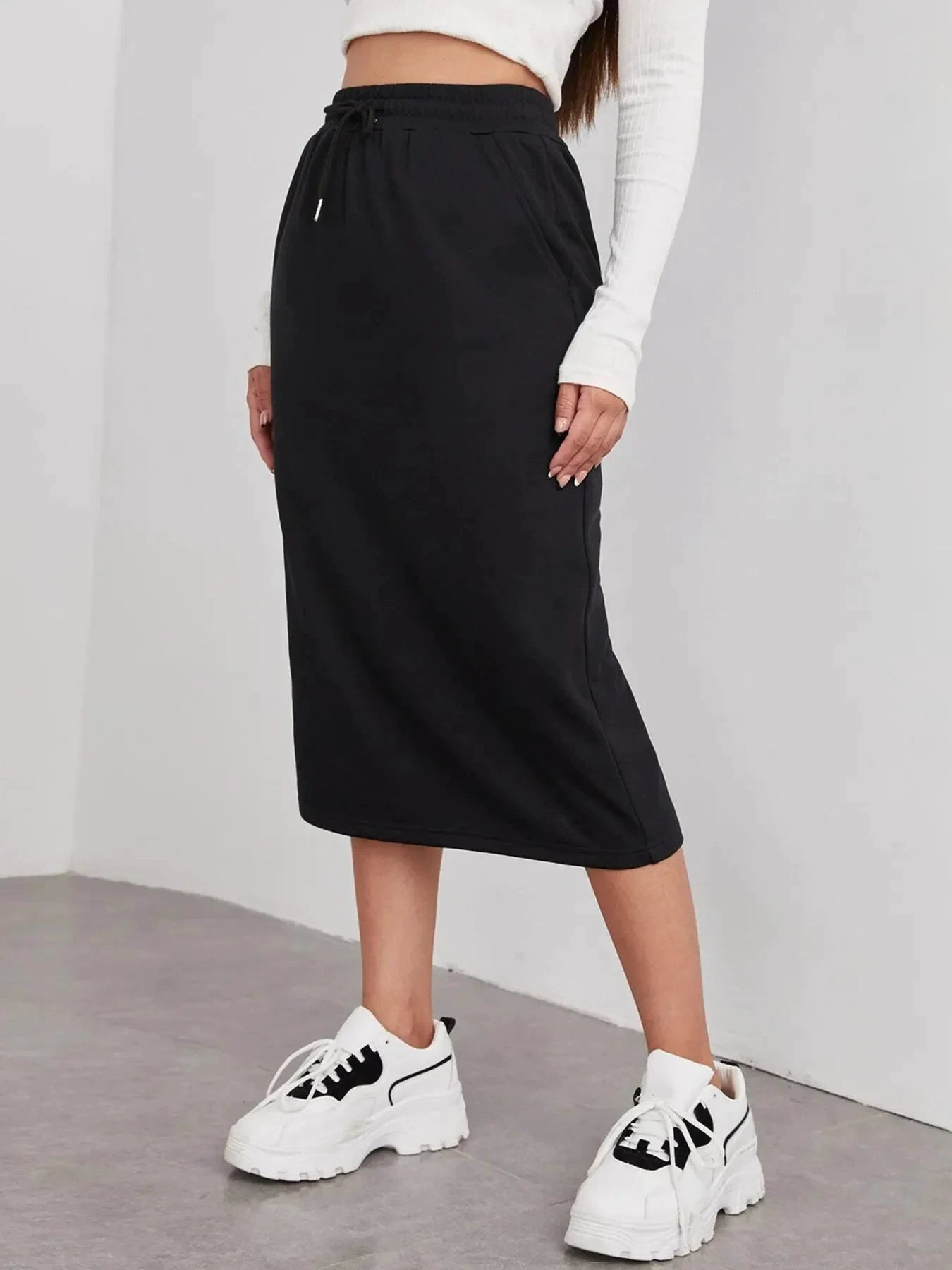 Slit Drawstring Midi Skirt by Lady Ros