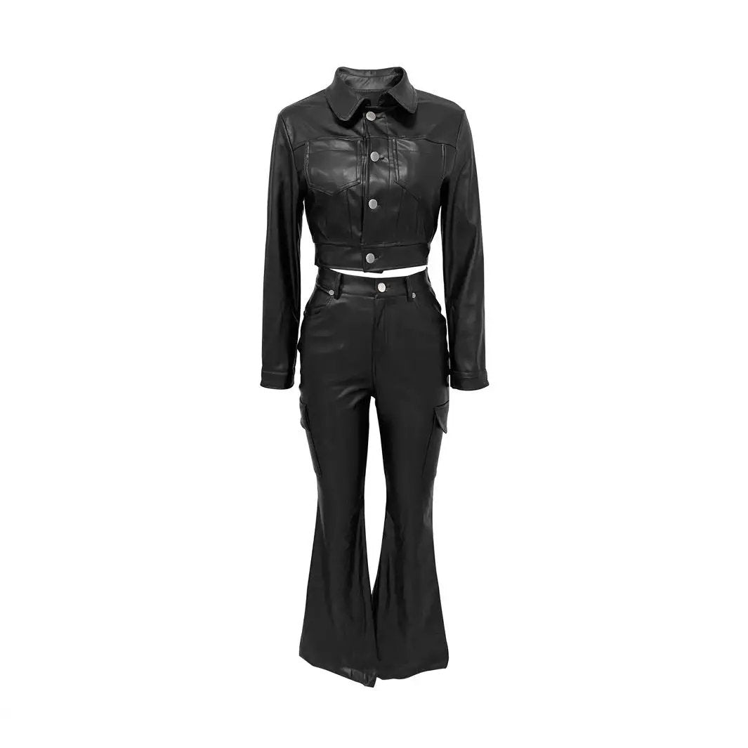 Suit-style Leather Jacket Best-selling Cardigan And Casual Trousers Set by GJG Denim