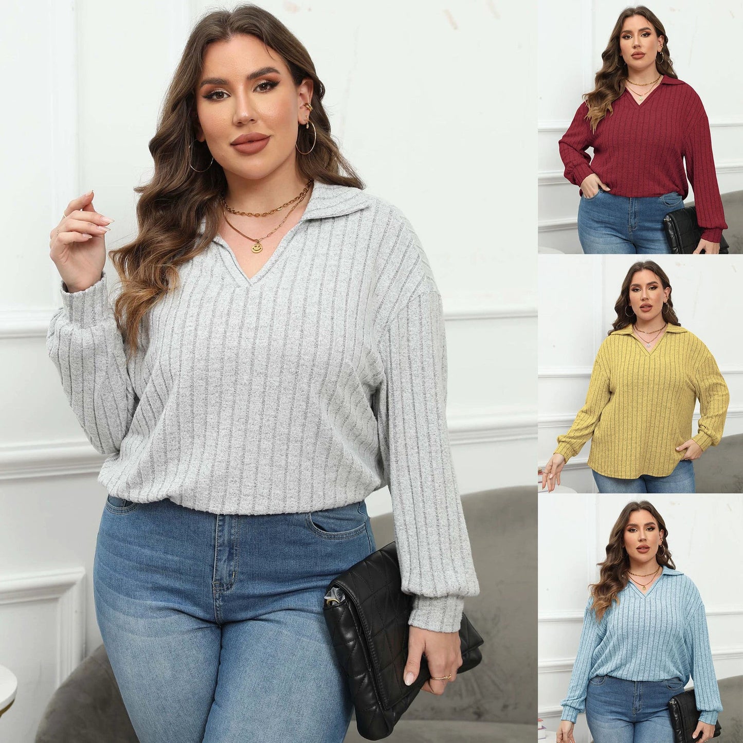 Women's Plus Size Polo Collar Bottoming Shirt by GJG Denim
