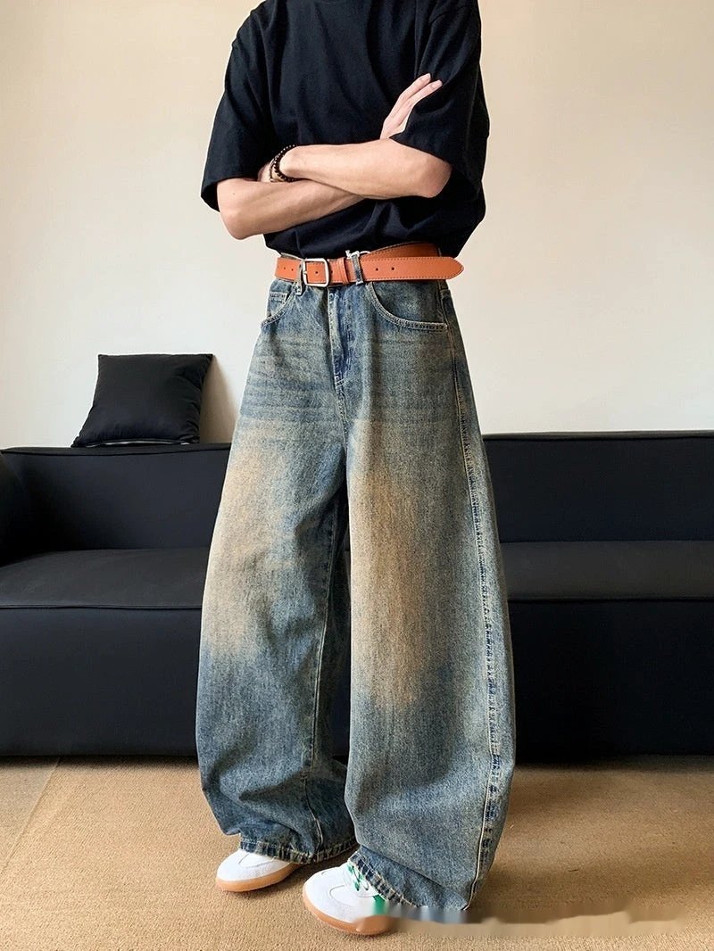 Men's Retro Distressed Machete Denim Slimming Wide-leg Jeans by GJG Denim