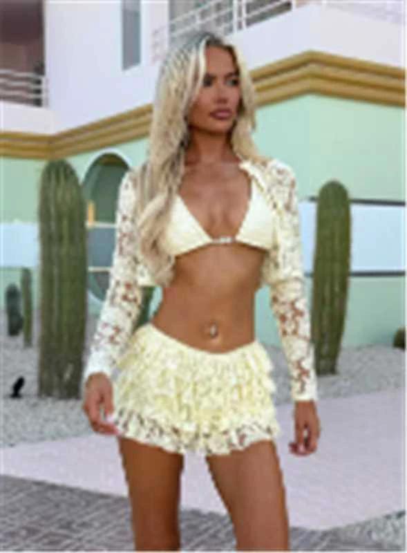 New Lace Mesh Coat Chest Cup Skirt Fashion Casual Three-piece Suit Women by GJG Denim