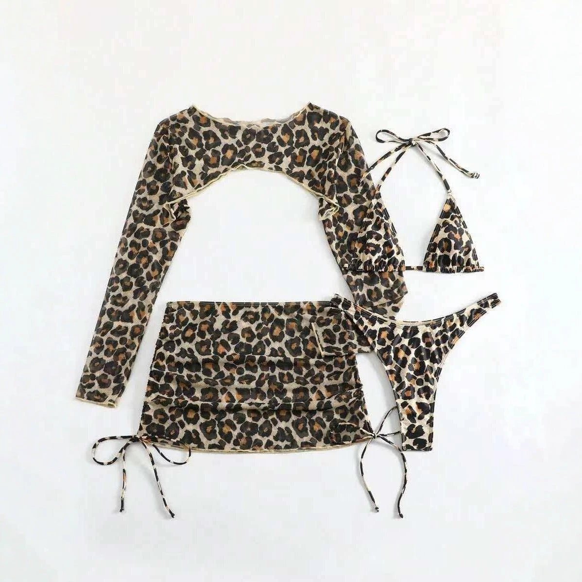 European And American Leopard-Print Lace-Up Sexy Two-Piece Four-Piece Swimsuit by GJG Denim