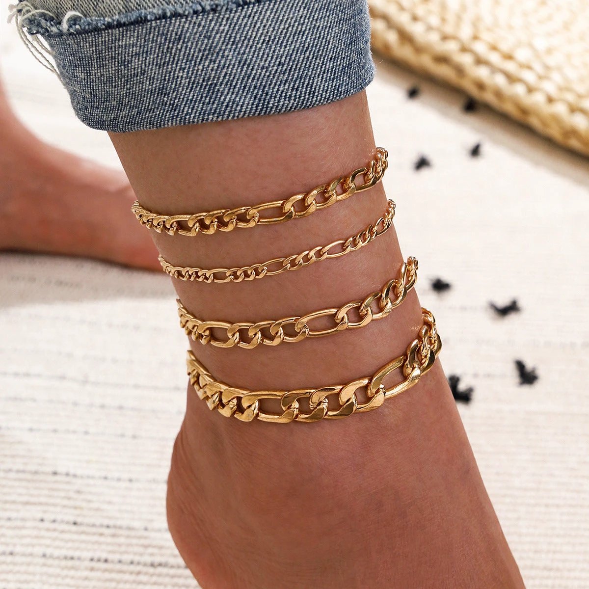 5 Pcs Women Fashion Gold Color Heart Crystal Key Anklets For Women Trendy Snake Chain Anklets For Women Foot Jewelry Gifts by GJG Denim
