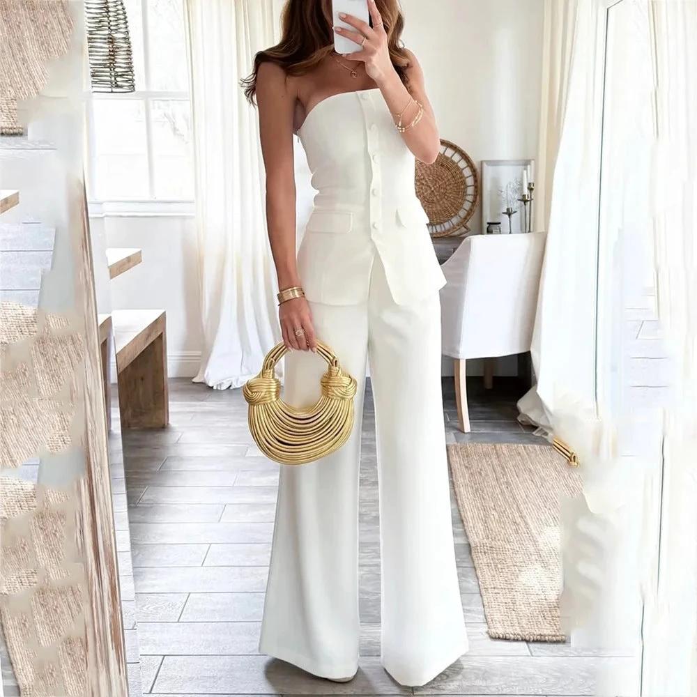 Off-shoulder Sleeveless Single-breasted Slim-fitting Straight Pants Suit by GJG Denim