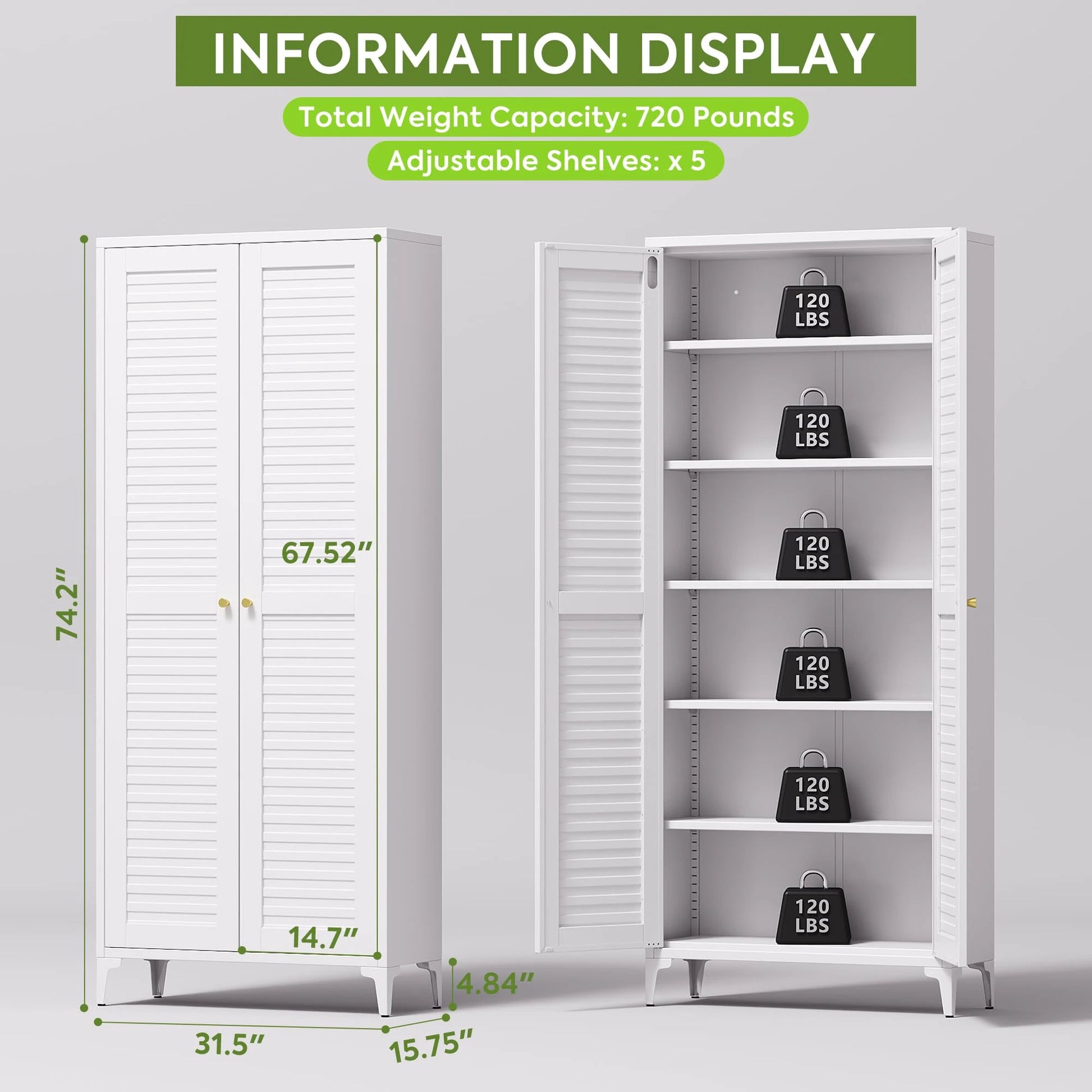 74inch H Metal Storage Cabinets With 5 Shelves, For Bathroom, Required Assembly, White by GJG Denim