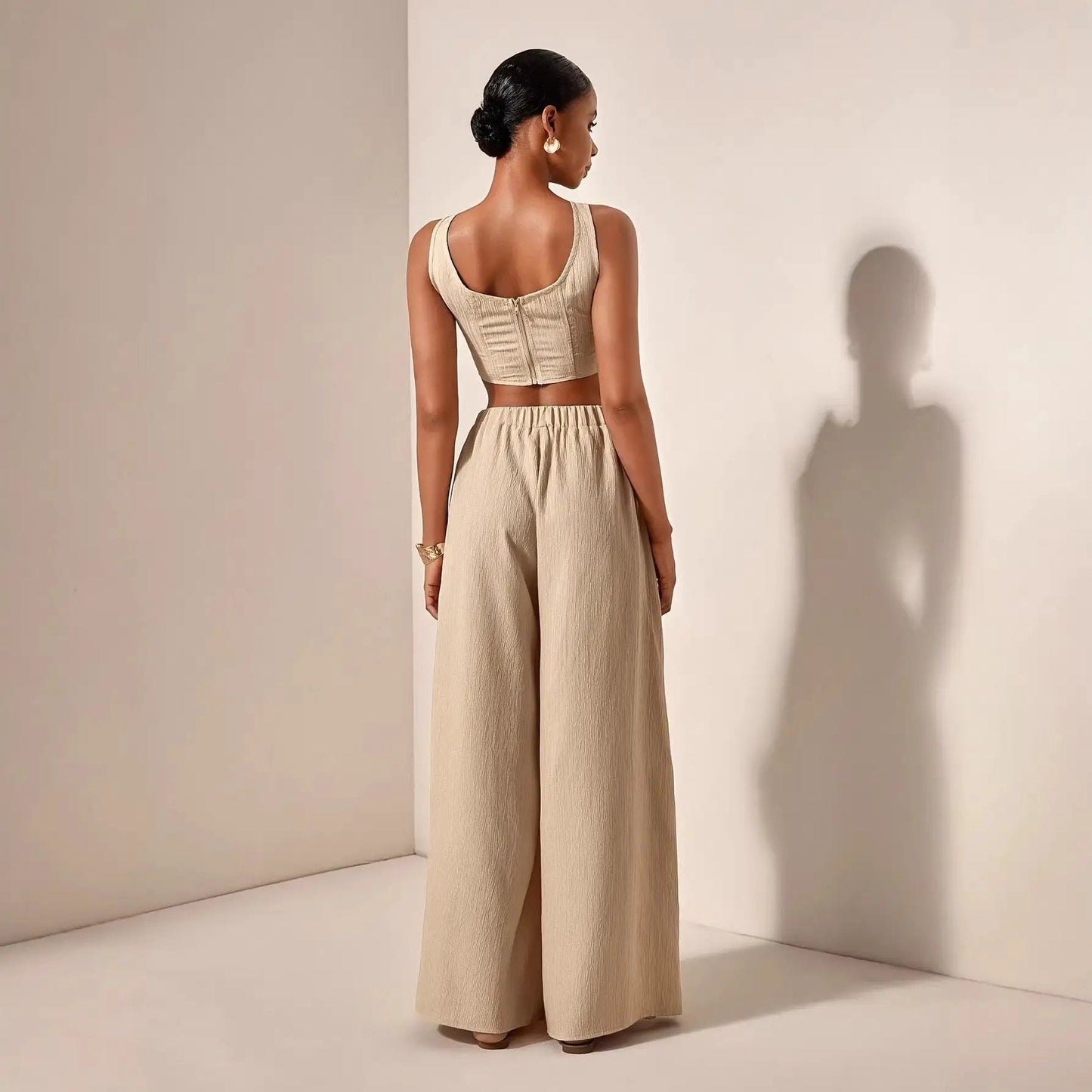 Vacation-Ready Fishbone Strap Top And Wide-Leg Pants With Pockets 2-Piece Set by GJG Denim