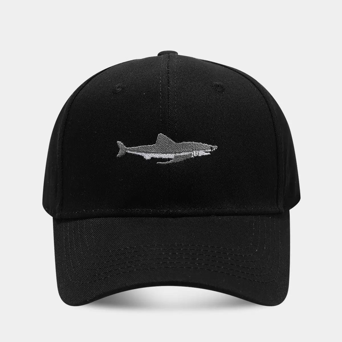 Solid Color Curved Brim Cotton Hard Top Shark Embroidered Baseball Cap For Men by GJG Denim