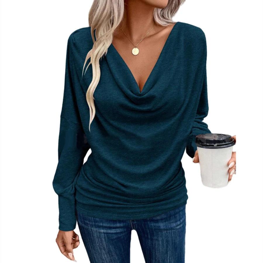 Women's V-neck Pile Collar Solid Color Knitted Long Sleeve Loose T-shirt by GJG Denim