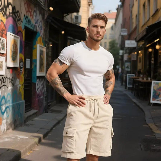 Men's Heavyweight Loose Casual Corduroy Shorts by GJG Denim