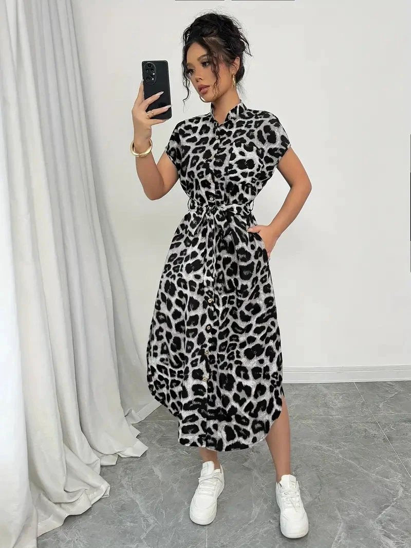 Leopard Print Front Button Shirt Belt Bow Shirt For Women by GJG Denim