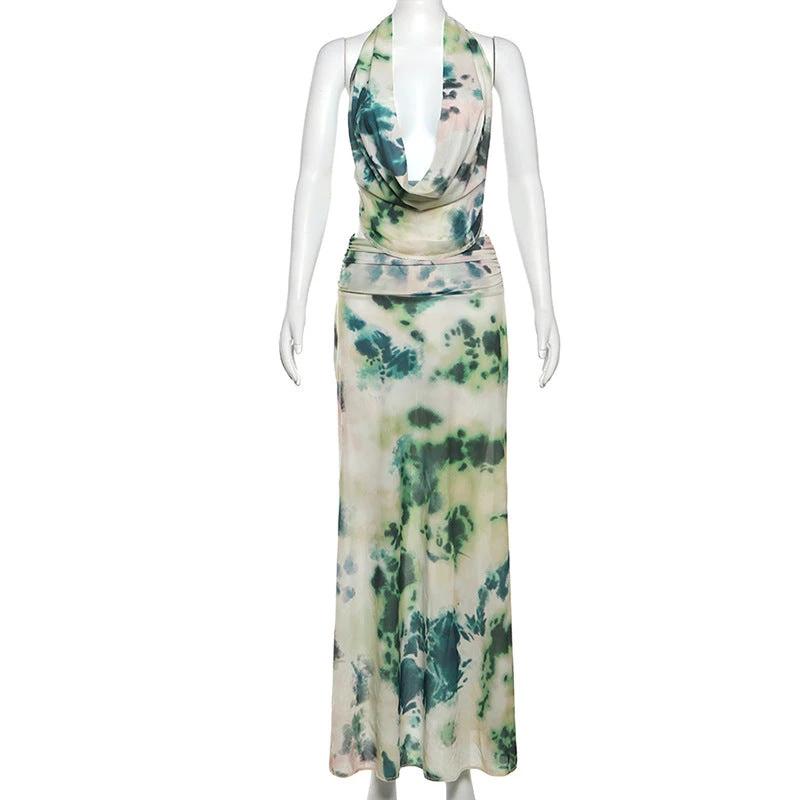 2pcs Tie Dye Printing Deep V-neck Suits Fashion Halter Backless Skirt For Beach Party Womens Clothing by GJG Denim