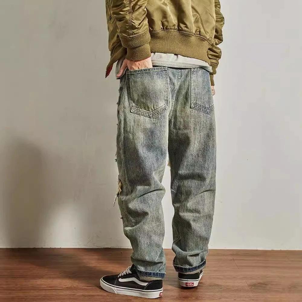 Men's Loose Straight Tapered Distressed Broken Holes Jeans by GJG Denim