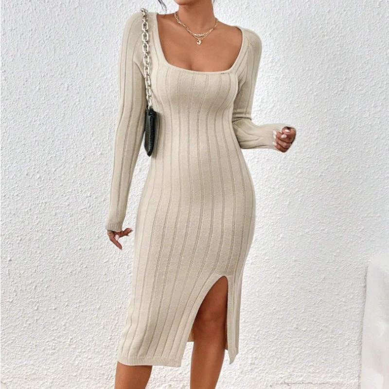 Square Collar Long Sleeve Knitted Dress Women by GJG Denim