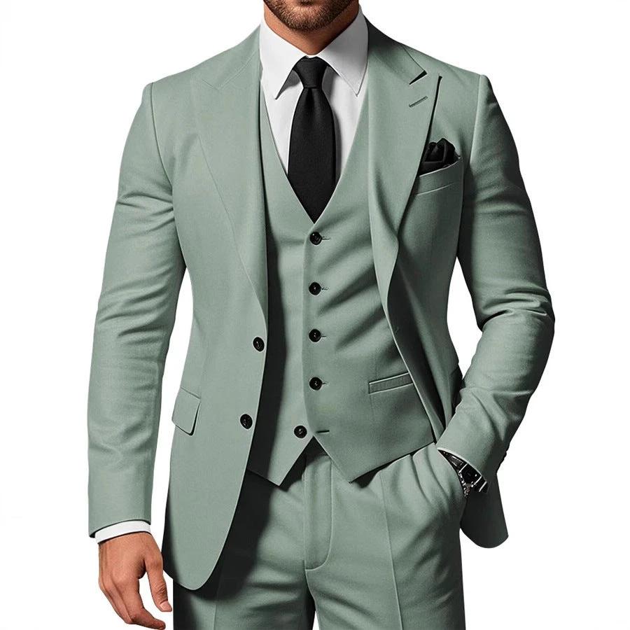 Men's Solid Color 2-piece Buckle Casual Jacket Vest Pants Suit by GJG Denim