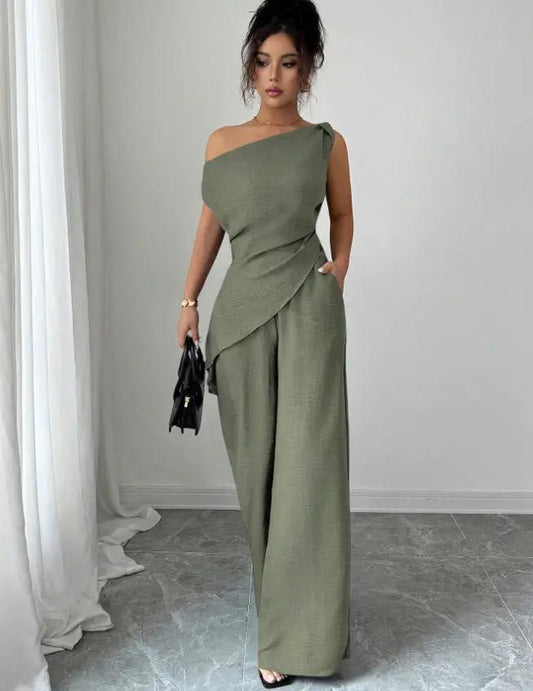 Solid-color Wide-leg Pants Suit For Women by GJG Denim