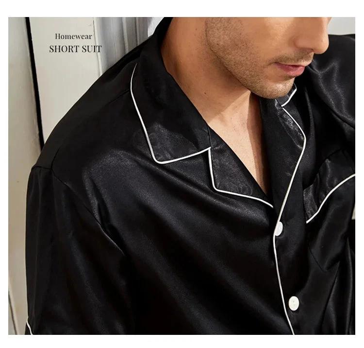 Men's Lapel Casual Breathable Thin Short-sleeved Shorts Pajamas Set by GJG Denim