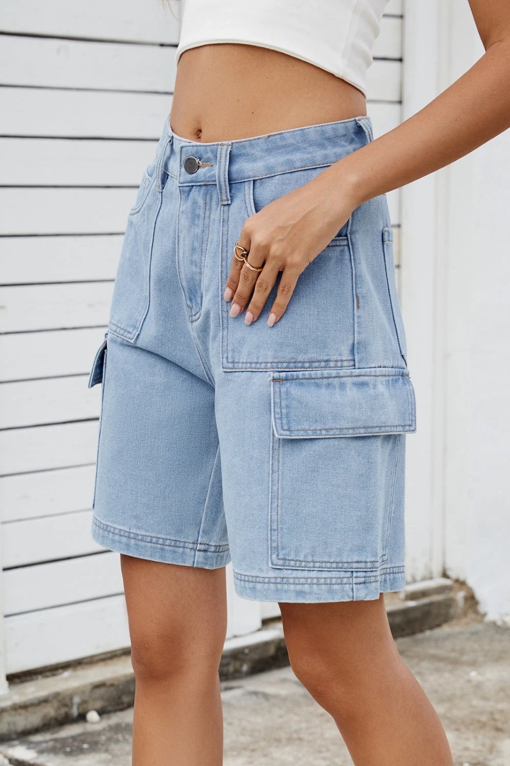 High Rise Denim Shorts with Cargo Pockets by Lady Ros