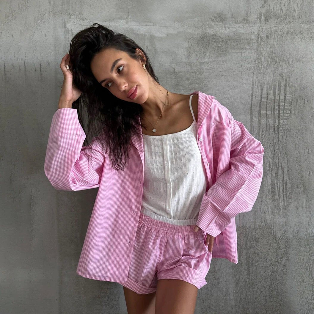 Plaid Long-Sleeve Shorts Pajama Set by GJG Denim