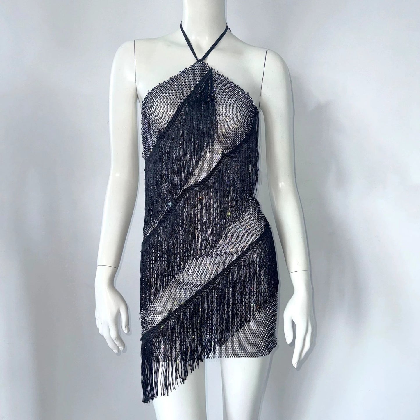 Fishnet Rhinestone Tight Tassel Halter Suspender Skirt by GJG Denim