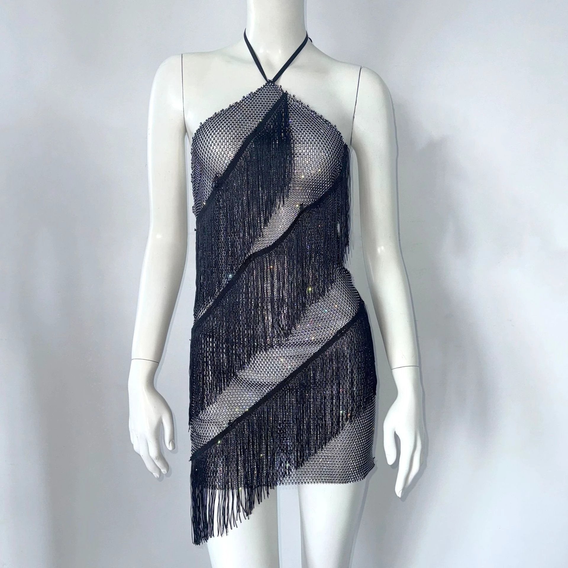 Fishnet Rhinestone Tight Tassel Halter Suspender Skirt by GJG Denim