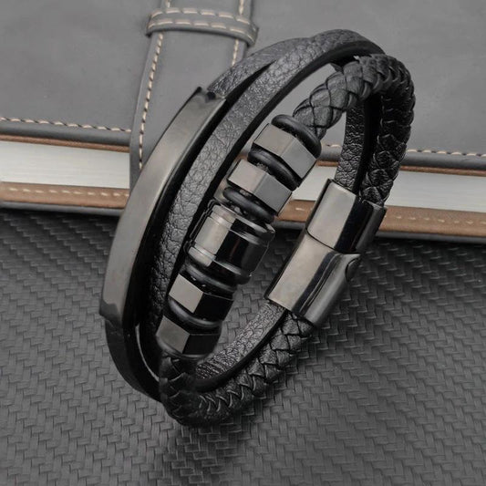 Hexagon 3-Color Stainless Steel Leather Cord Bracelet For Men by GJG Denim