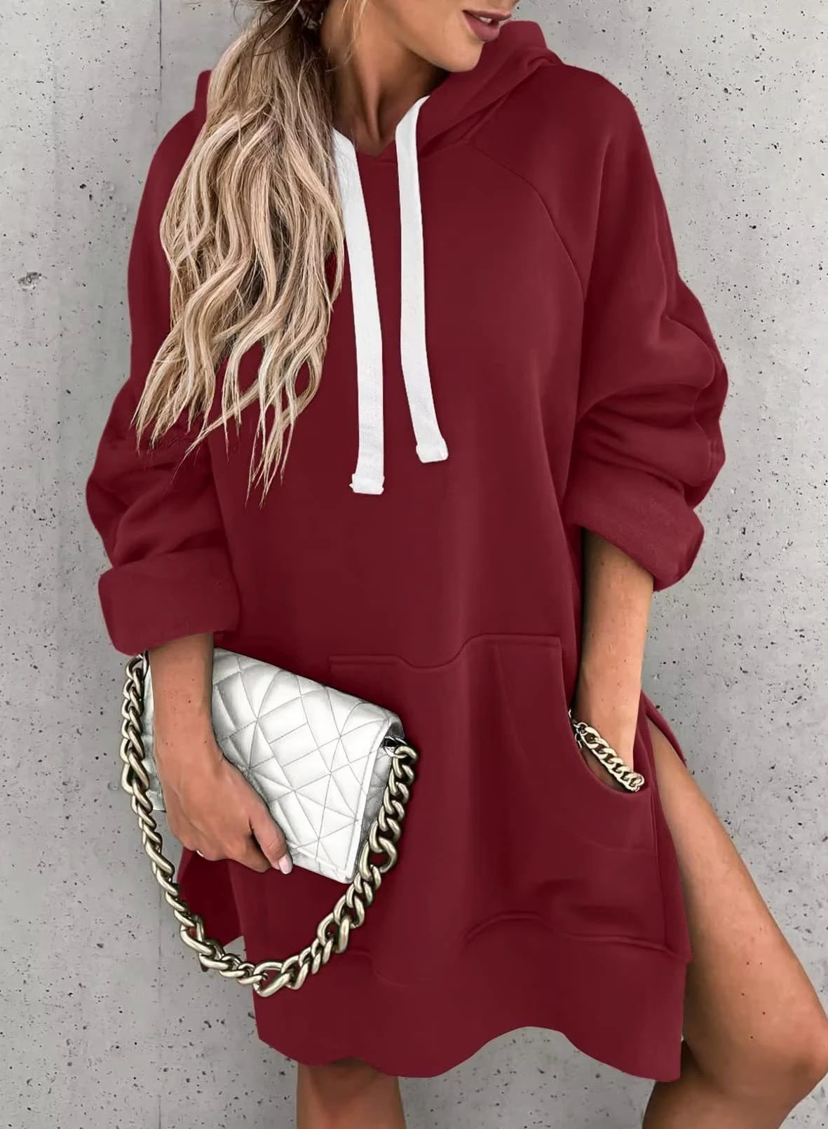 Women's Solid Color Hooded Mid-length Sweater by GJG Denim