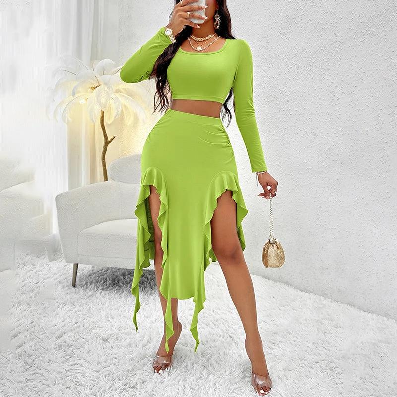 Women's Long Sleeve Round Neck Pleated Dress Suit - Solid Color Elegant Ruffle Outfit by GJG Denim