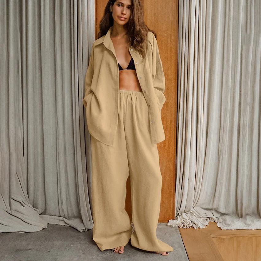 Loose Cotton And Linen Breathable Long Sleeves Trousers Two-piece Set by GJG Denim