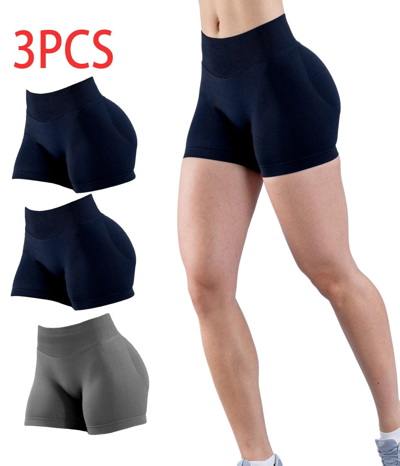 3PCS High-waisted Solid-color Training Shorts by GJG Denim