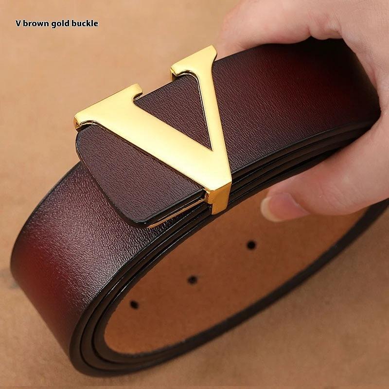 Men's Retro Smooth Genuine Leather Pure Cowhide Letter V Belts by GJG Denim