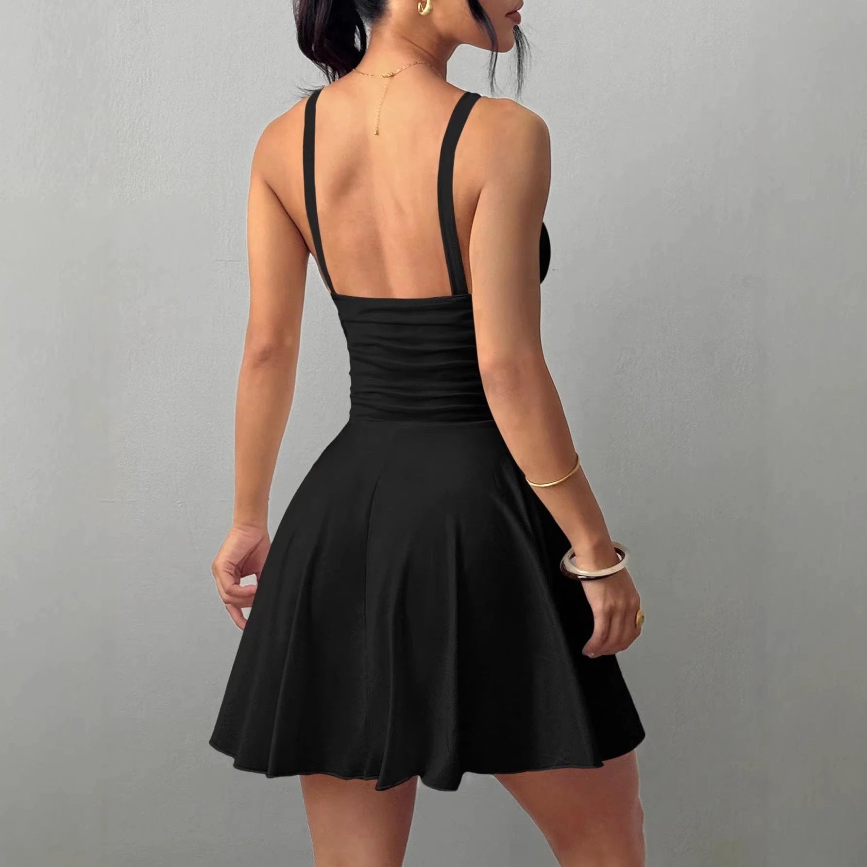 Women's Solid Color Casual Strap V-Neck Formal Dress by GJG Denim